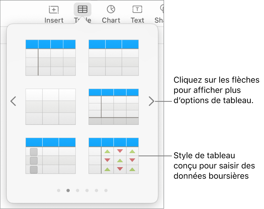 Menu du tableau affichant les vignettes des styles de tableau, avec un style spécial pour la saisie d’informations boursières dans le coin inférieur droit. Les six points situés en bas indiquent que vous pouvez balayer l’écran pour afficher d’autres styles.