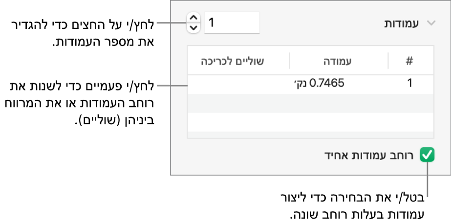 כלי בקרה במקטע העמודות לשינוי מספר העמודות והרוחב של כל עמודה.