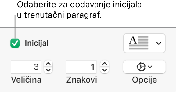 Odabrana je potvrdna kućica Inicijal i javlja se skočni izbornik s njegove desne strane; kontrole za postavljanje visine linije, broj znakova i druge opcije javljaju se ispod njega.