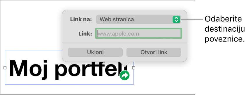 Kontrole urednika linka s odabranom opcijom Web stranica, tipke Ukloni i Otvori link nalaze se na dnu.