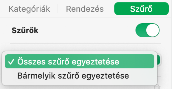 Felugró menü az összes szűrőnek vagy a bármely szűrőnek megfelelő sorok megjelenítése közötti váltáshoz.