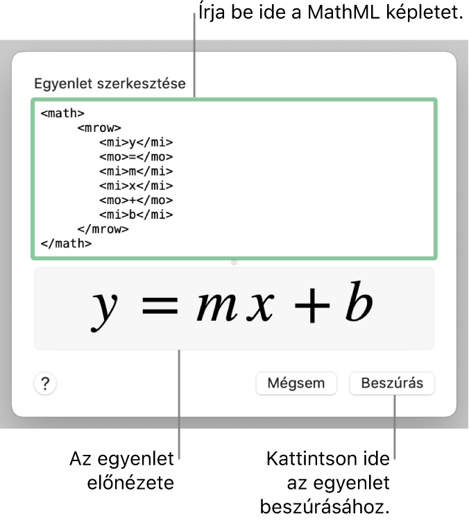 Egy egyenes lejtésének egyenlete az Egyenlet szerkesztése mezőben és az egyenlet előnézete alul.