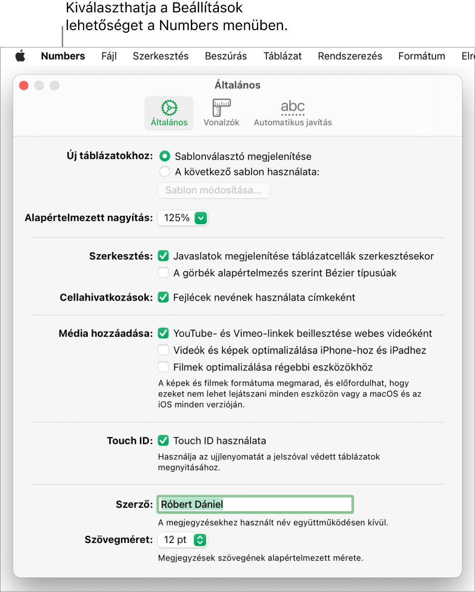 A Numbers beállítások ablaka a megnyitott Általános panellel és az új munkafüzetek, az alapértelmezett nagyítás, a szerkesztés, a cellahivatkozások, az egyenletek, a média hozzáadása, a Touch ID, a szerző neve és az alapértelmezett szövegméret beállításaival.