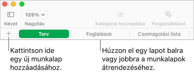 Lapsáv új munkalap hozzáadásához és munkalapok átrendezéséhez.