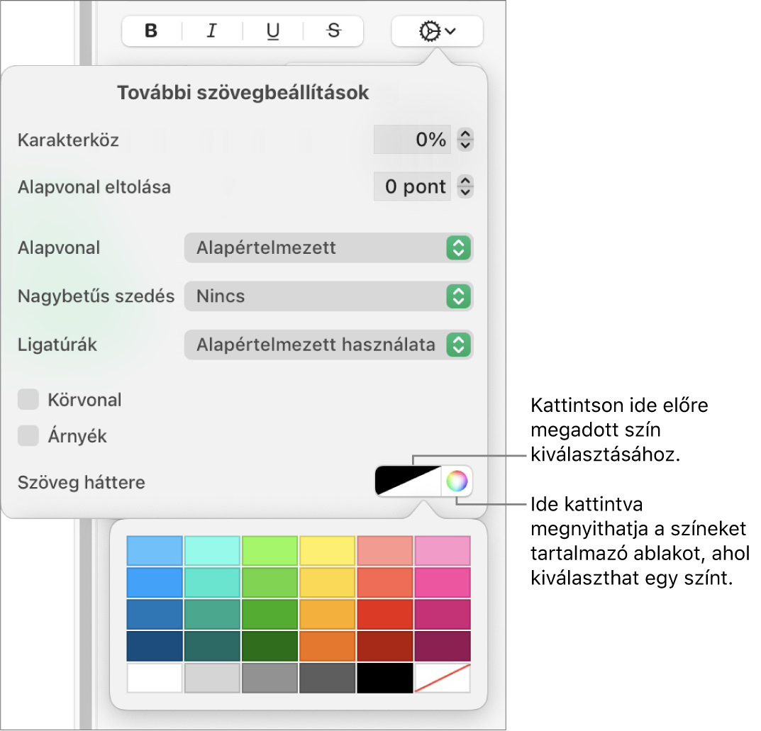 A karakterkitöltés kiválasztására szolgáló vezérlők.