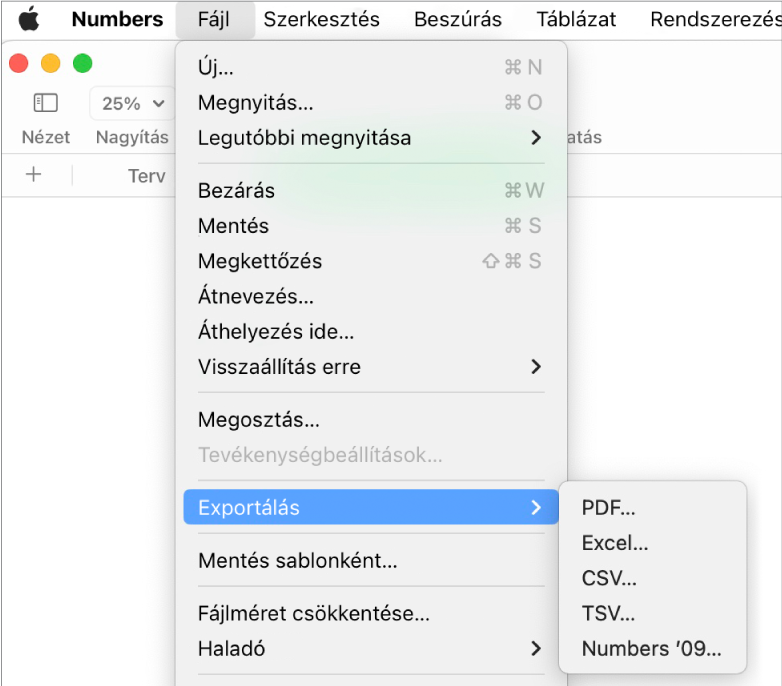 Megnyitott Fájl menü, ahol az Exportálás ide ki van jelölve, az almenüje pedig megjeleníti a PDF, Excel, CSV és Numbers '09 formátumba történő exportálási lehetőségeket.