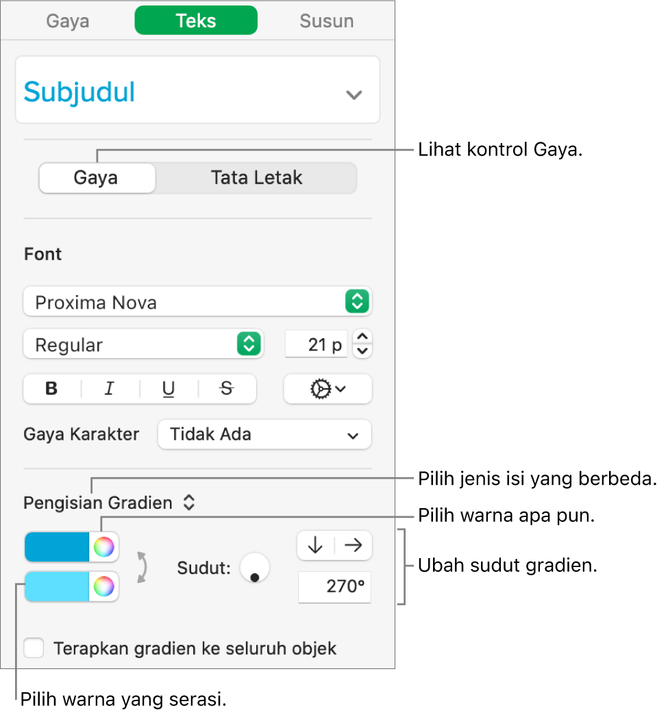 Bar samping teks, menampilkan cara mengubah warna teks.