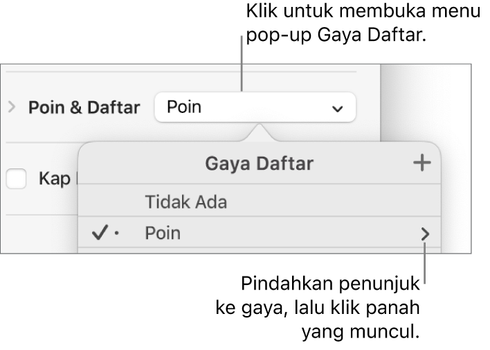 Menu pop-up Gaya Daftar dengan satu gaya dipilih dan panah di kanan jauh.