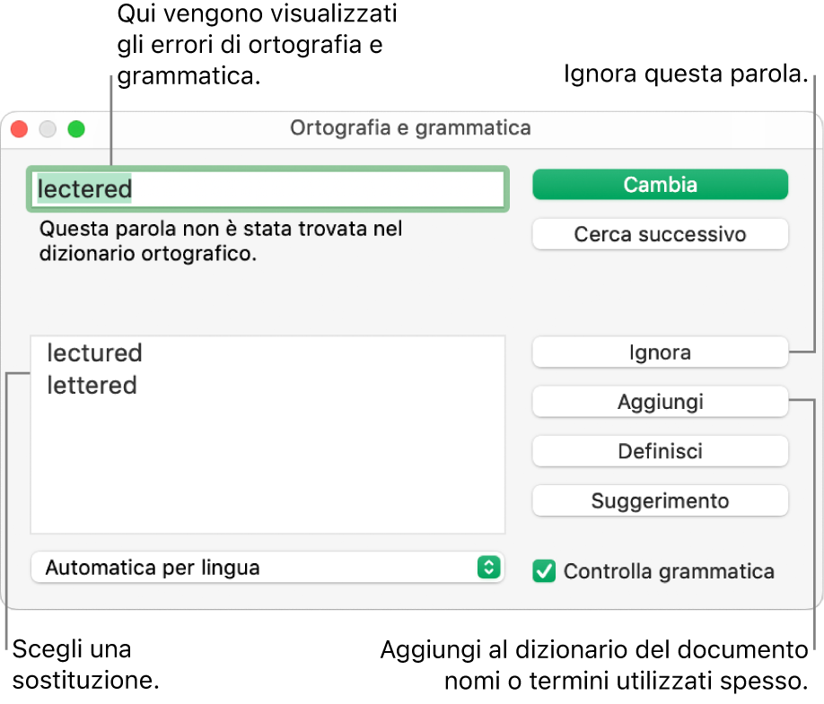 Finestra “Ortografia e grammatica”.