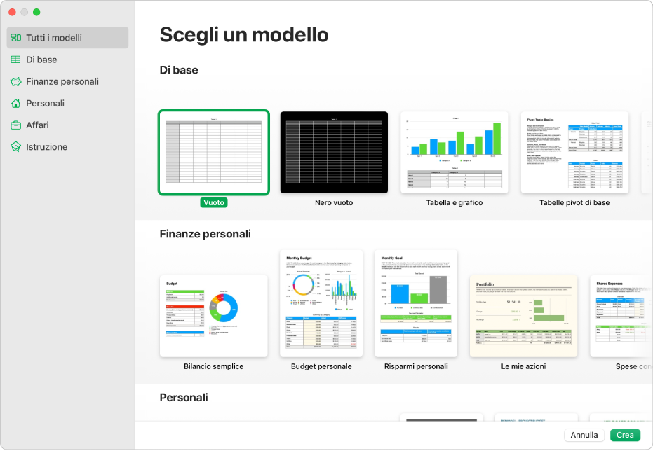 “Scelta modelli”. Una barra laterale sulla sinistra elenca le categorie di modelli su cui puoi fare clic per filtrare le opzioni. Sulla destra si trovano miniature dei modelli con design predefinito, ordinati in righe per categoria.