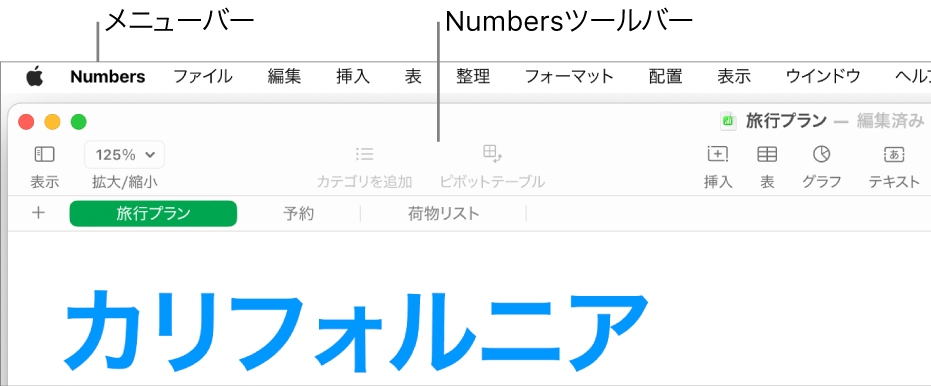 画面上部のメニューバー。アップルメニュー、Numbers、ファイル、編集、挿入、表、整理、フォーマット、配置、表示、ウインドウ、ヘルプのメニューがあります。メニューバーの下でNumbersスプレッドシートが開いています。上部のツールバーには、表示、拡大/縮小、カテゴリを追加、ピボットテーブル、挿入、表、グラフ、テキストのボタンがあります。