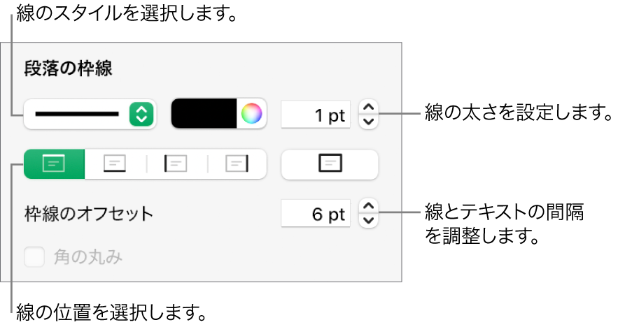 線のスタイル、太さ、位置、カラーを変更するためのコントロール。