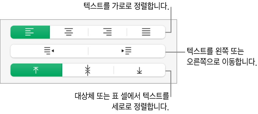 텍스트를 가로로 정렬, 텍스트를 왼쪽이나 오른쪽으로 이동, 텍스트를 세로로 정렬을 위한 버튼을 보여주는 정렬 섹션입니다.