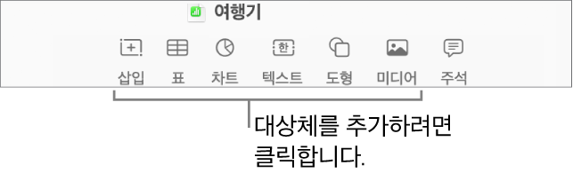 삽입, 표, 차트, 텍스트, 도형 및 미디어 버튼이 있는 Numbers 도구 막대.
