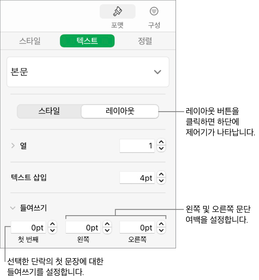 첫 번째 행 들여쓰기 및 단락 여백 설정 제어기를 보여주는 포맷 사이드바의 레이아웃 섹션.