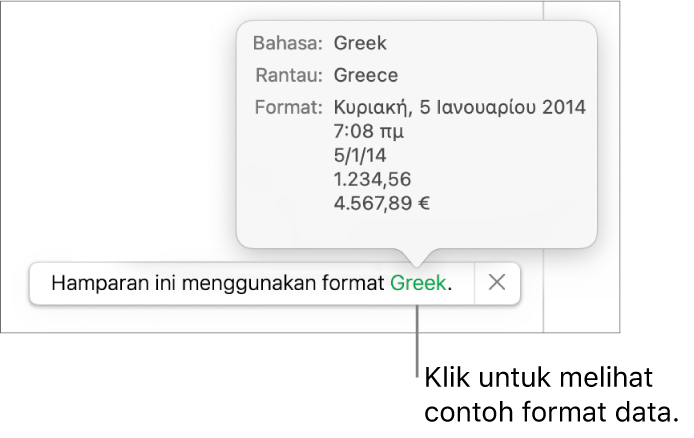 Pemberitahuan seting bahasa dan rantau berbeza, menunjukkan contoh format dalam bahasa dan rantau itu.