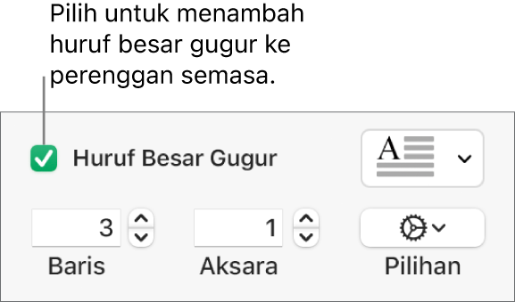 Kotak semak Huruf Besar Gugur dipilih dan menu timbul kelihatan di sebelah kanan; kawalan untuk mengeset ketinggian baris, bilangan aksara dan pilihan lain kelihatan di bawah.