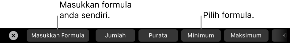 Touch Bar MacBook Pro dengan kawalan untuk memasukkan formula anda sendiri dan memilih formula yang biasa digunakan.
