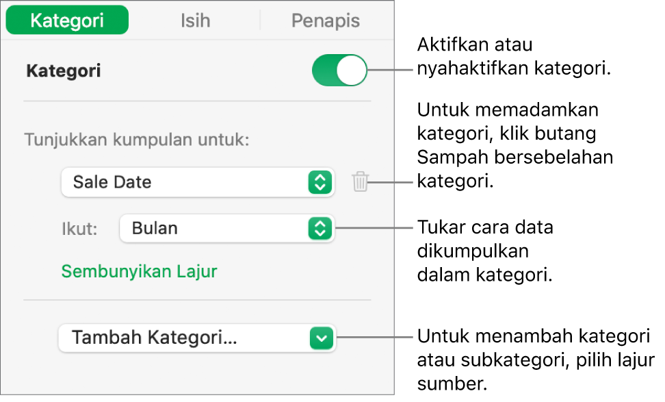 Bar sisi kategori dengan pilihan untuk menyahaktifkan kategori, memadam kategori, mengumpul semula data, menyembunyikan lajur sumber dan menambah kategori.