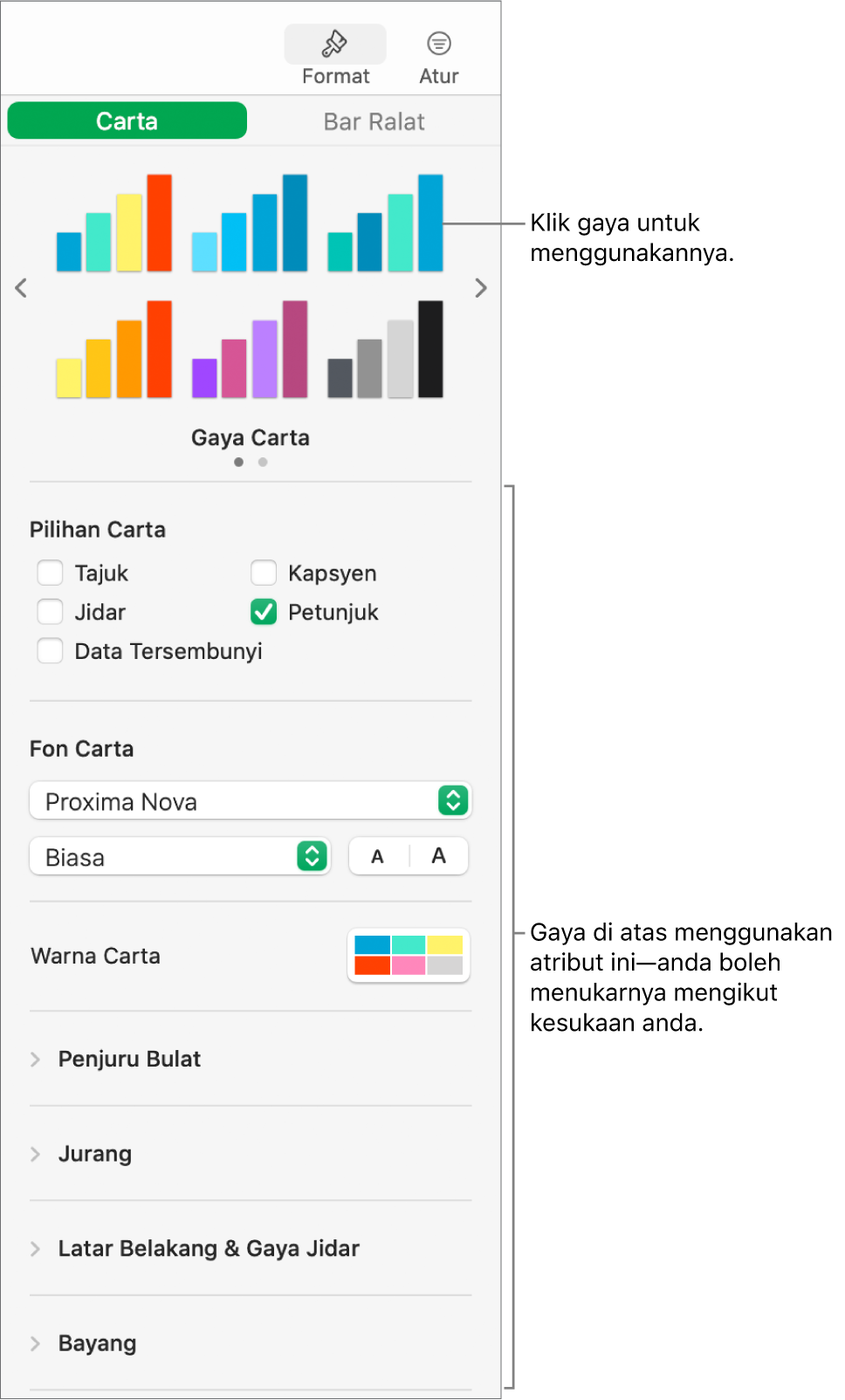 Bar sisi Pemformatan menunjukkan kawalan untuk memformat carta.