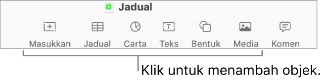 Tetingkap Numbers dengan petak bual ke butang objek dalam bar alat.