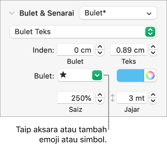 Bahagian Bulet & Senarai daripada bar sisi Format. Medan Bulet menunjukkan emoji bintang.