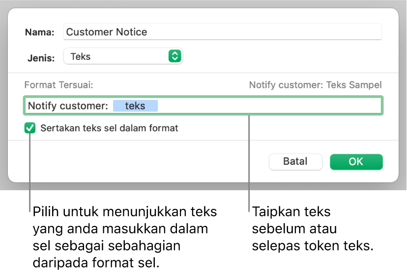 Format sel teks tersuai.