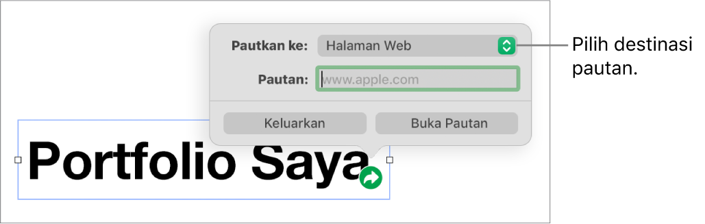 Kawalan editor pautan dengan Halaman Web dipilih dan butang Keluarkan serta Buka Pautan di bahagian bawah.