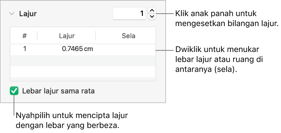 Kawalan dalam bahagian lajur untuk menukar bilangan lajur dan lebar setiap lajur.