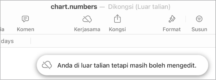 Isyarat pada skrin menyatakan “Anda di luar talian tetapi masih boleh mengedit”.