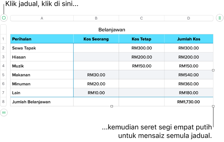 Jadual terpilih dengan segi empat putih untuk mensaiz semula.