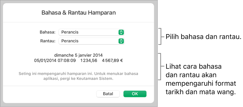 Anak tetingkap Bahasa & Rantau dengan kawalan untuk bahasa dan rantau, serta contoh format termasuk tarikh, masa, perpuluhan dan mata wang.