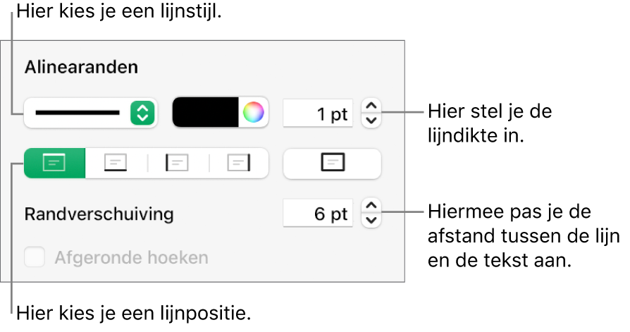 Regelaars voor het wijzigen van de stijl, dikte, positie en kleur van de lijn.