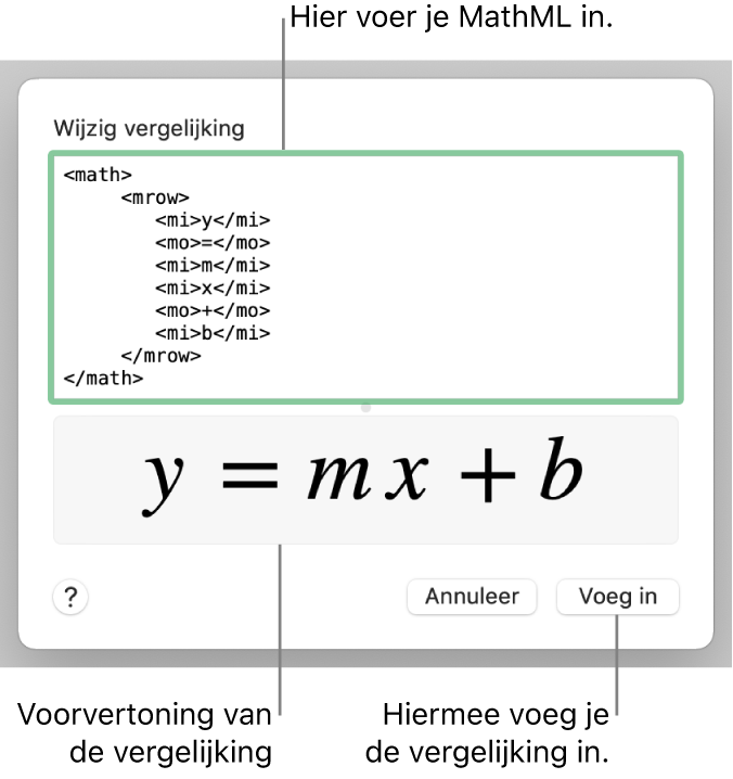 In het veld 'Wijzig vergelijking' staat de vergelijking voor de helling van een lijn, met daaronder een voorvertoning van de formule.