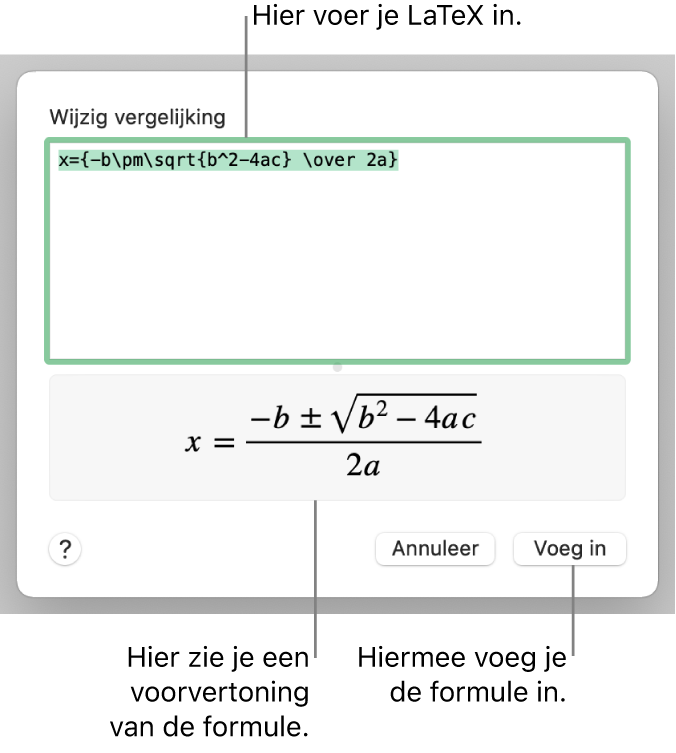 In het veld 'Vergelijking' staat een LaTeX-wortelformule, met daaronder een voorvertoning van de formule.