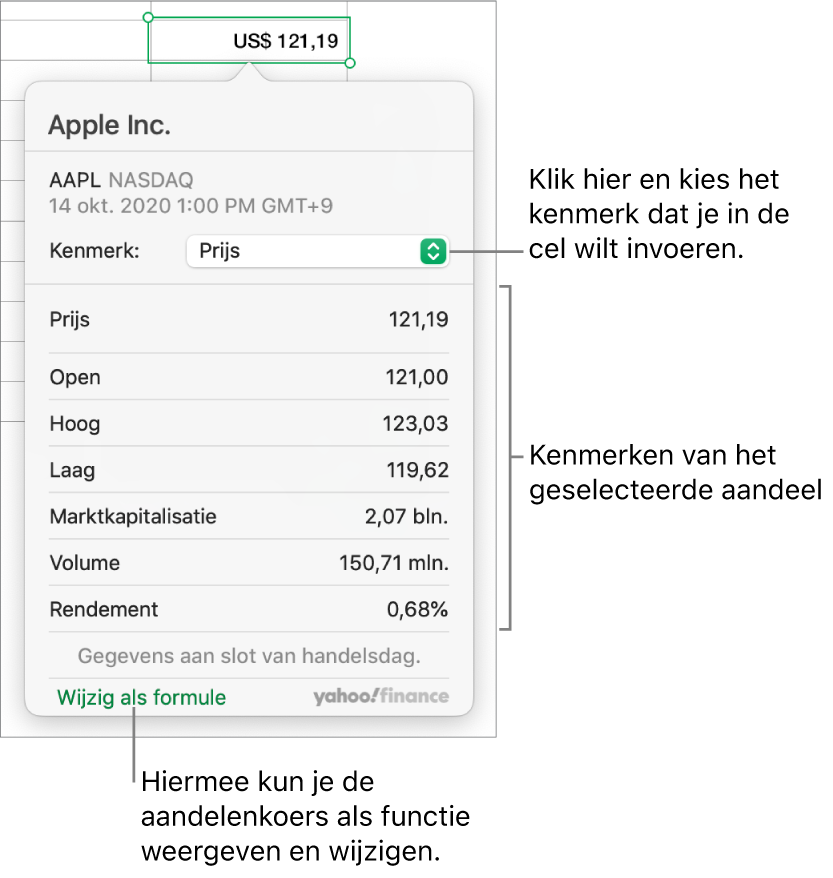 Het dialoogvenster voor het invoeren van aandelenkenmerken, met Apple als het geselecteerde aandeel.