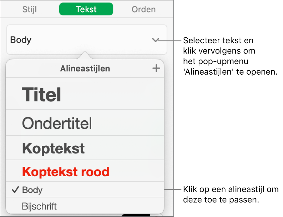 Het menu 'Alineastijlen'.