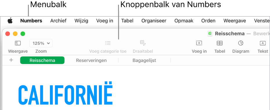 De menubalk boven in het scherm met de volgende menu's: Apple, Numbers, Archief, Wijzig, Voeg in, Tabel, Organiseer, Opmaak, Orden, Weergave, Venster en Help. Onder de menubalk wordt een Numbers-spreadsheet weergegeven met bovenaan een knoppenbalk met knoppen voor Weergave, Zoom, Voeg categorie toe, Draaitabel, Voeg in, Tabel, Diagram en Tekst.