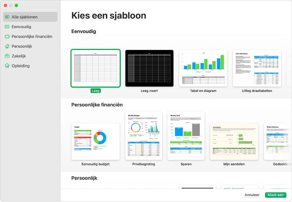 De sjabloonkiezer. De navigatiekolom aan de linkerkant bevat sjablooncategorieën waarmee je de beschikbare sjablonen kunt filteren. Aan de rechterkant staan miniaturen van vooraf gedefinieerde sjablonen die per categorie zijn gerangschikt. Bovenin staat de categorie 'Recent' en daaronder 'Eenvoudig' en 'Persoonlijke financiën'. Linksonder staat het pop‑upmenu voor de taal en regio en rechtsonder staan de knoppen 'Annuleer' en 'Maak aan'.