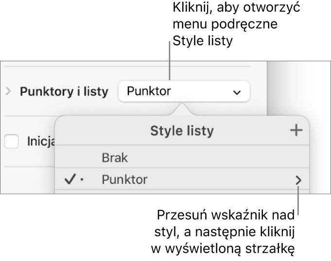 Menu podręczne Style listy z jednym zaznaczonym stylem oraz strzałką po prawej stronie jego nazwy.