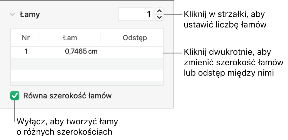 Narzędzia w sekcji łamów, służące do zmieniania liczby łamów oraz szerokości każdego łamu.