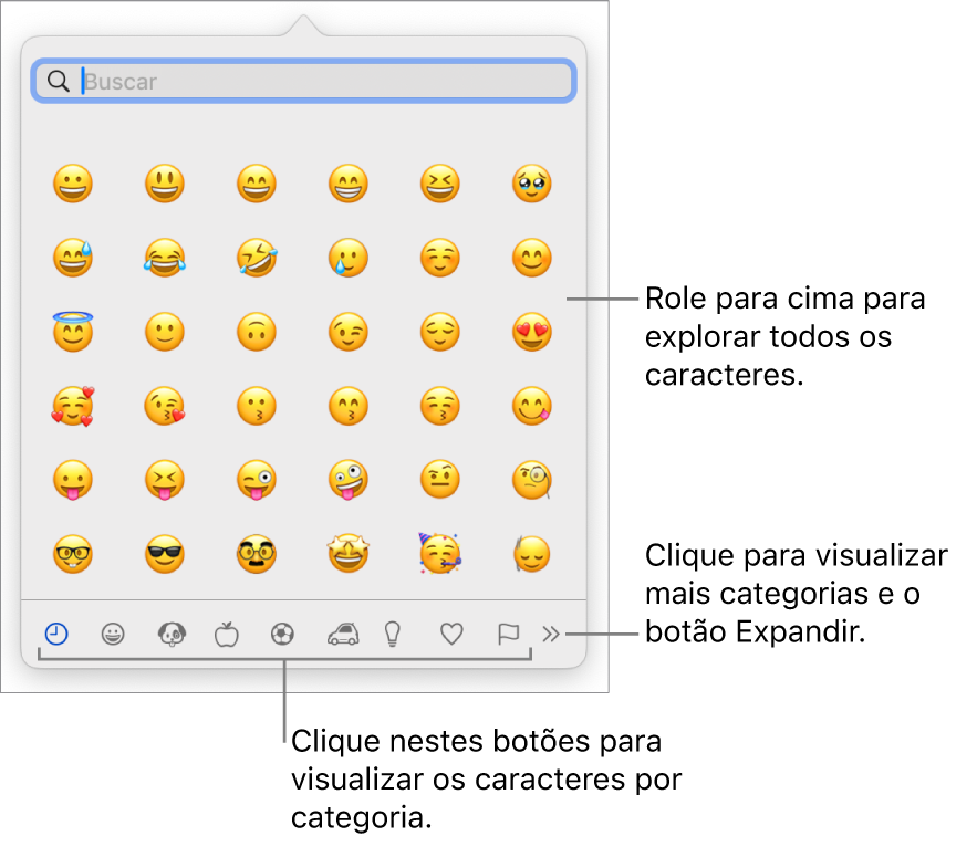 Menu pop-up de Caracteres Especiais mostrando emoticons, botões para diversos tipos de símbolos na parte inferior e uma chamada para um botão para mostrar a janela Caracteres completa.