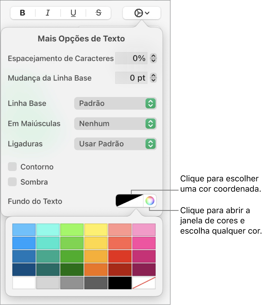 Controles para escolher um preenchimento de caractere.