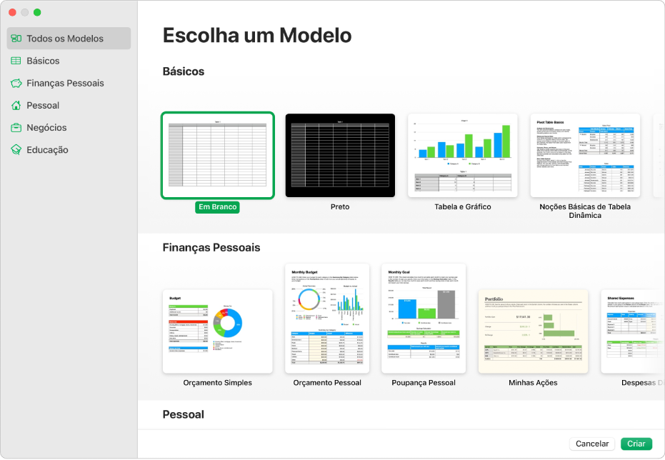 O seletor de modelos. Uma barra lateral à esquerda lista as categorias de modelos que podem ser clicadas para filtrar opções. À direita estão miniaturas de modelos predefinidos organizados em linhas por categoria.