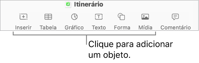 Barra de ferramentas do Numbers com os botões Inserir, Tabela, Gráfico, Texto, Forma e Mídia.