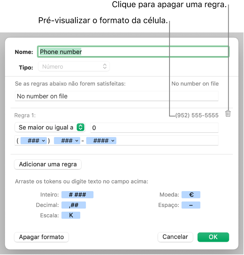 Formato de célula de número personalizada com regras.