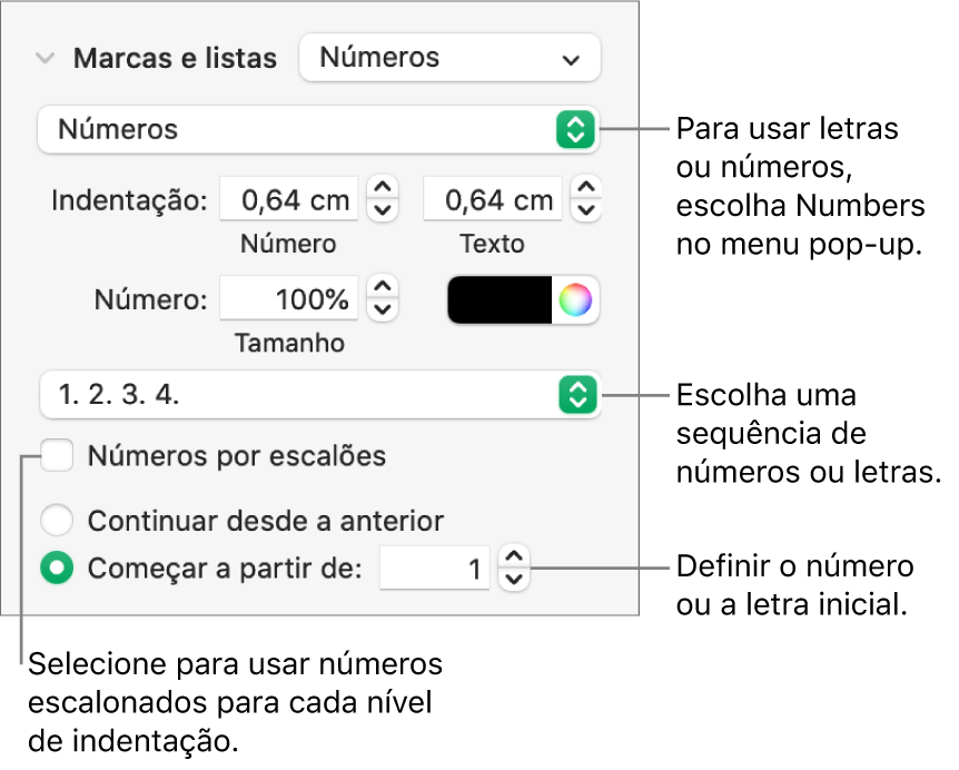 Controlos para alterar o estilo de número e o espaçamento de uma lista.