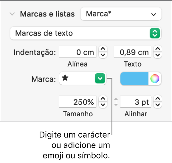 A secção “Marcas e listas” da barra lateral "Formatação”. O campo "Marca” a mostrar um emoji de uma estrela.