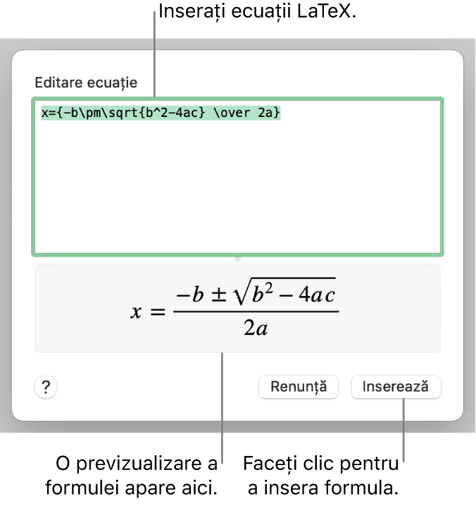 Formula cuadratică scrisă utilizând LaTeX în câmpul Ecuație și o previzualizare a formulei dedesubt.