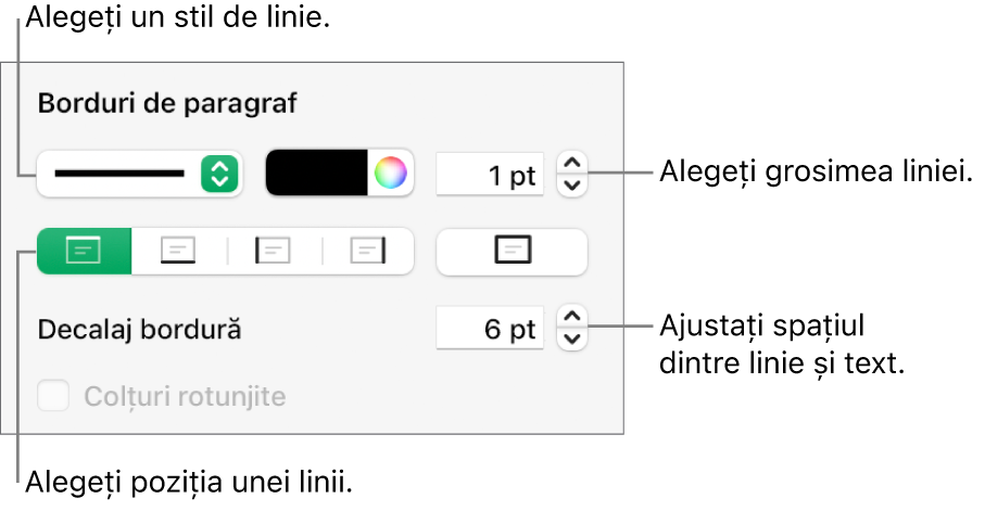 Comenzile pentru schimbarea stilului, grosimii, poziției și culorii liniei.